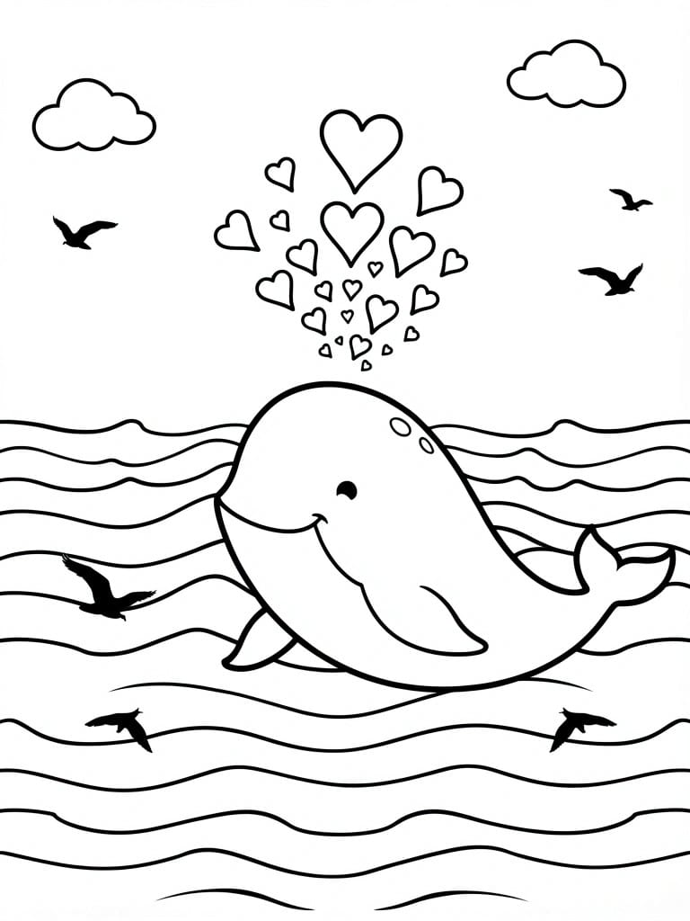 A black and white coloring page shows a cartoon whale in the ocean with hearts floating above, birds in the sky, and wavy water lines.