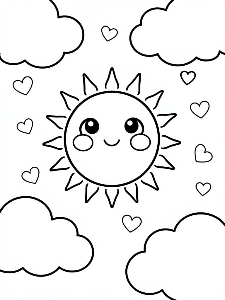 Cartoon sun with smiling face, rays, clouds, and floating hearts.