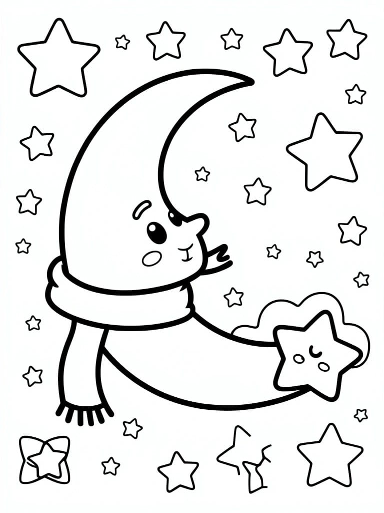 A cartoon crescent moon with a face and scarf holds a smiling star surrounded by many smaller stars of different shapes.