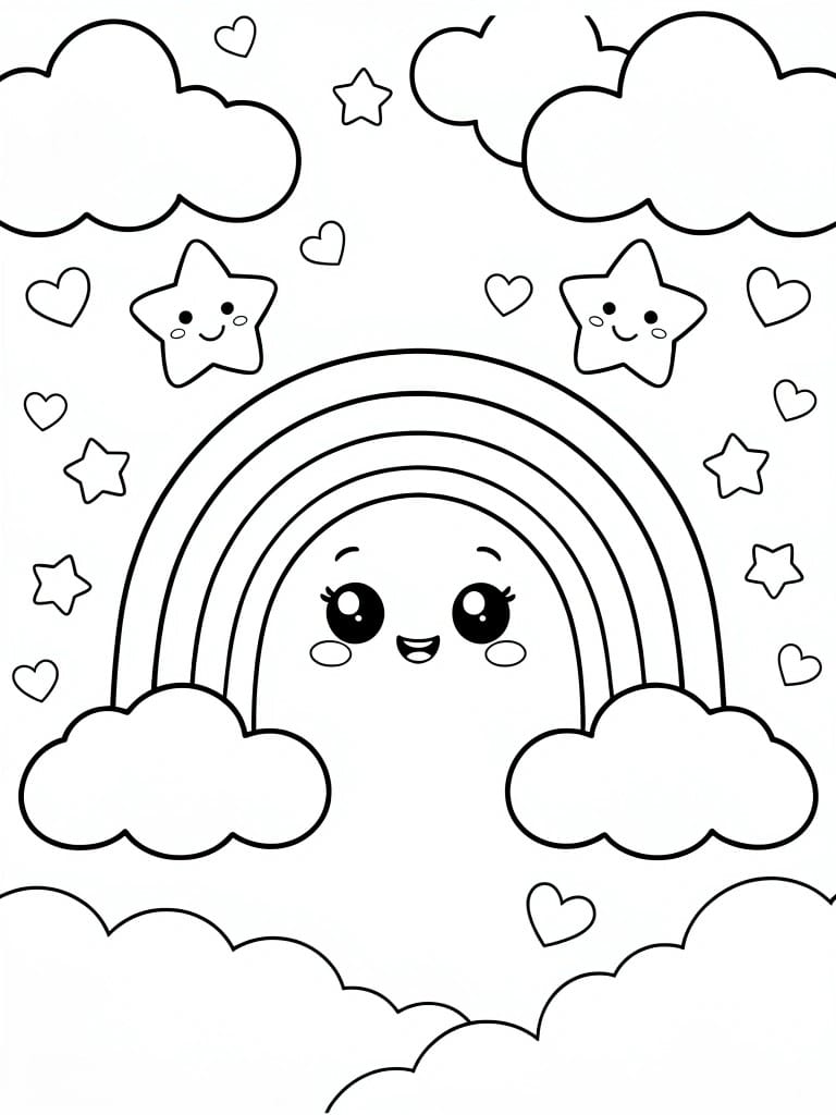 Smiling cartoon rainbow with eyes amid clouds, stars, and hearts