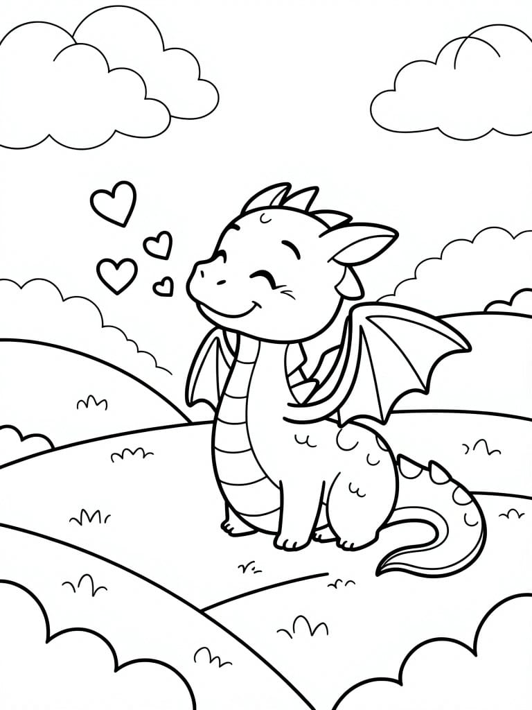 Cute cartoon dragon smiling amid hearts in a cloudy landscape line drawing