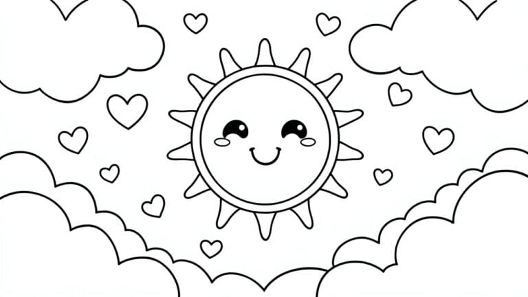 18 Playful Cartoon Coloring Pages That Boost Your Mood Cartoon sun with smiling face, rays, clouds, and floating hearts.