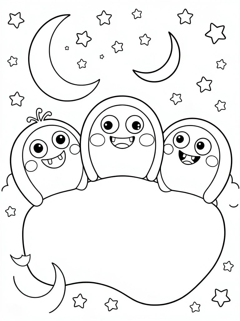 A black and white coloring page shows three cartoon creatures with large eyes under two crescent moons and scattered stars, with a big blank shape at the bottom.