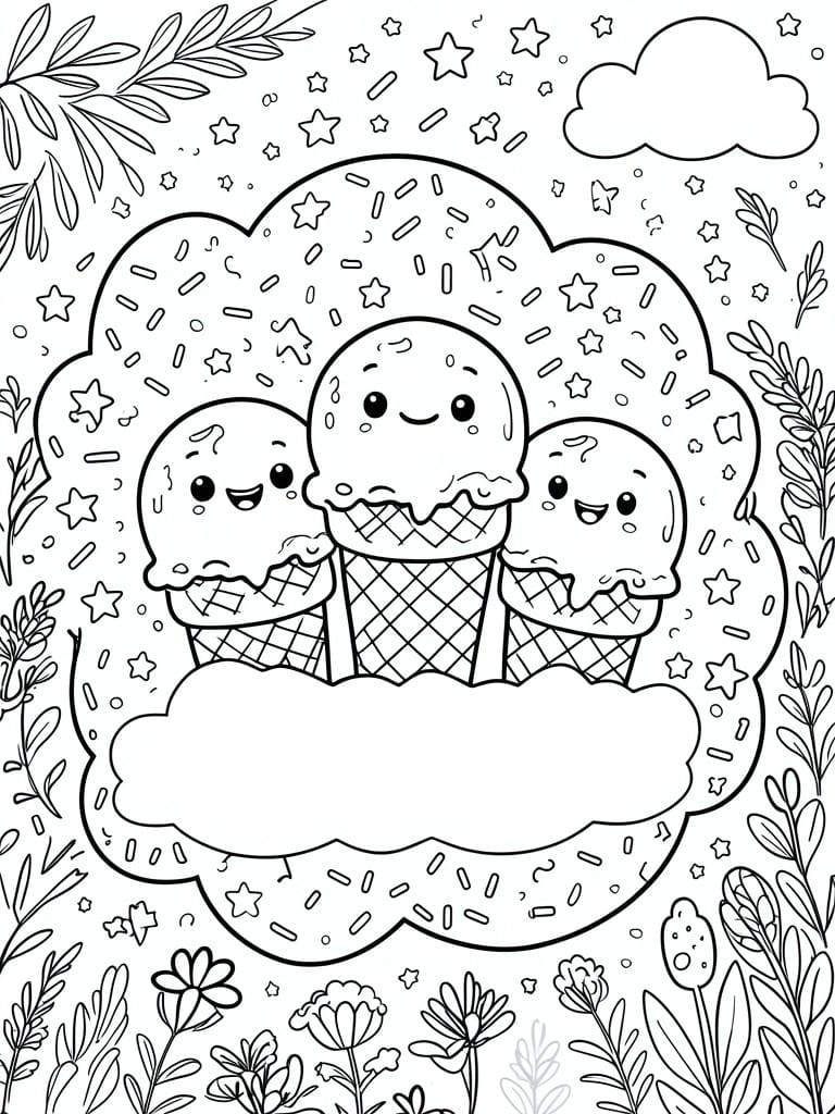 Three smiling ice cream cones with faces in a sprinkle-filled cloud frame