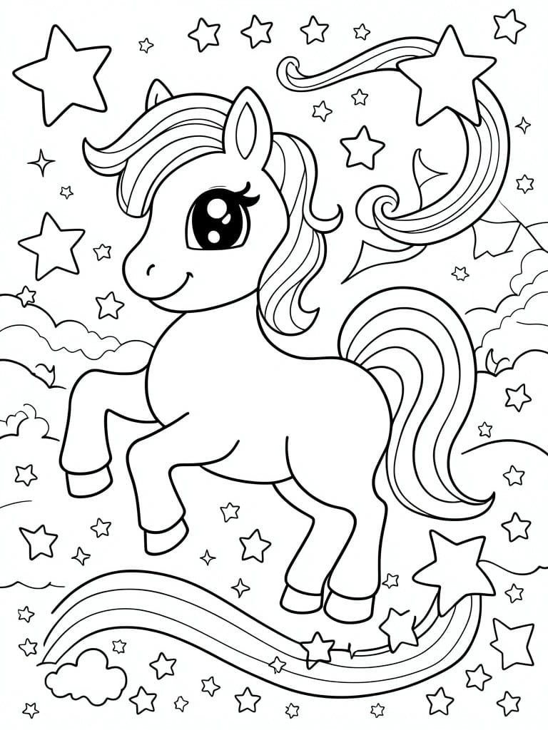 A black and white coloring page of a cute cartoon unicorn with flowing mane and tail surrounded by stars, clouds, and a rainbow.