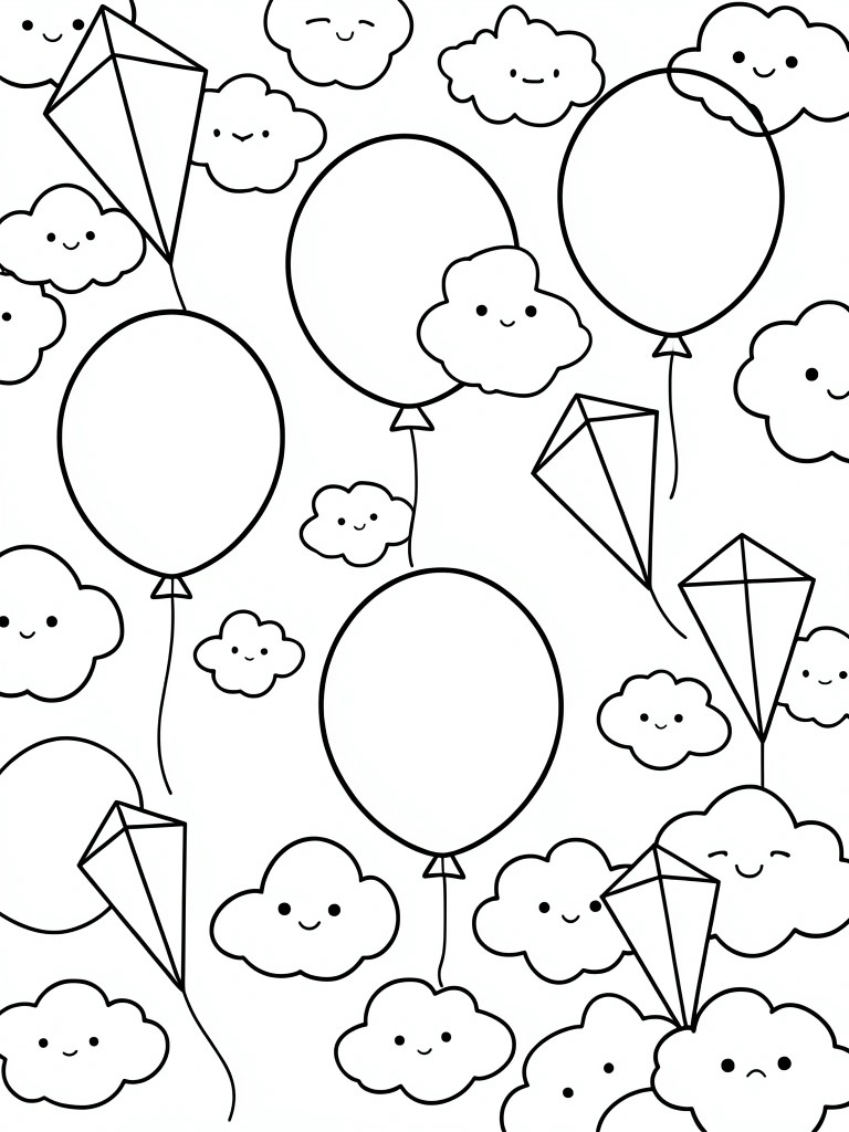 A black and white line drawing of balloons, diamond kites, and cartoon clouds arranged in a scattered sky scene.