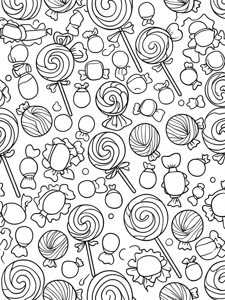 Coloring page densely filled with lollipops, swirled candies, and wrapped sweets in line art.