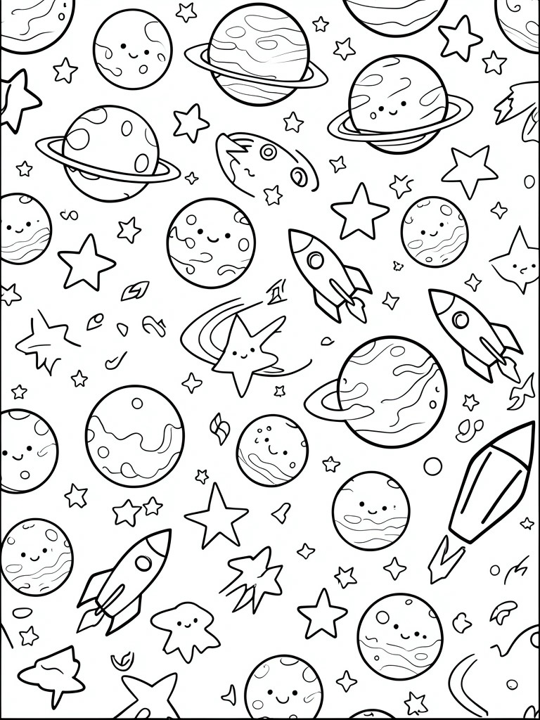 A black and white coloring page with cartoon planets, stars, rockets, and comets scattered across the sheet.