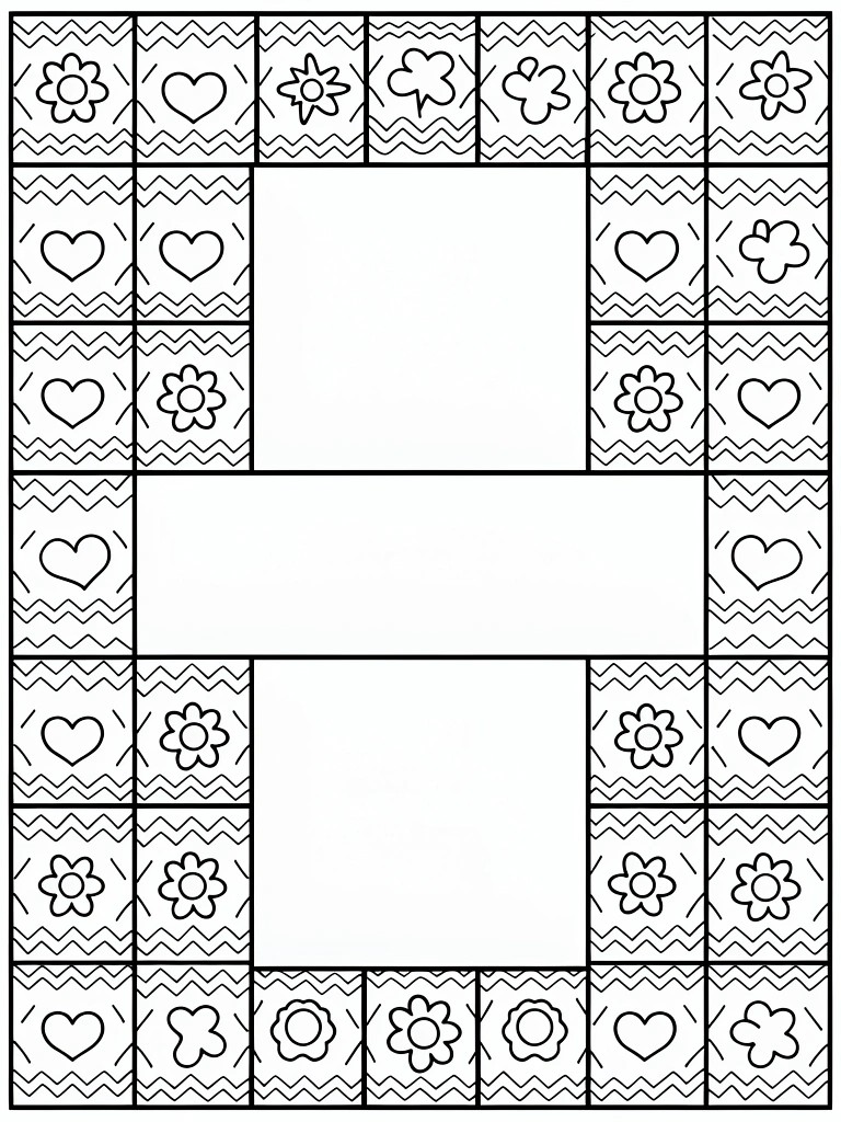Coloring grid of hearts, flowers and zigzags with large blank rectangles.