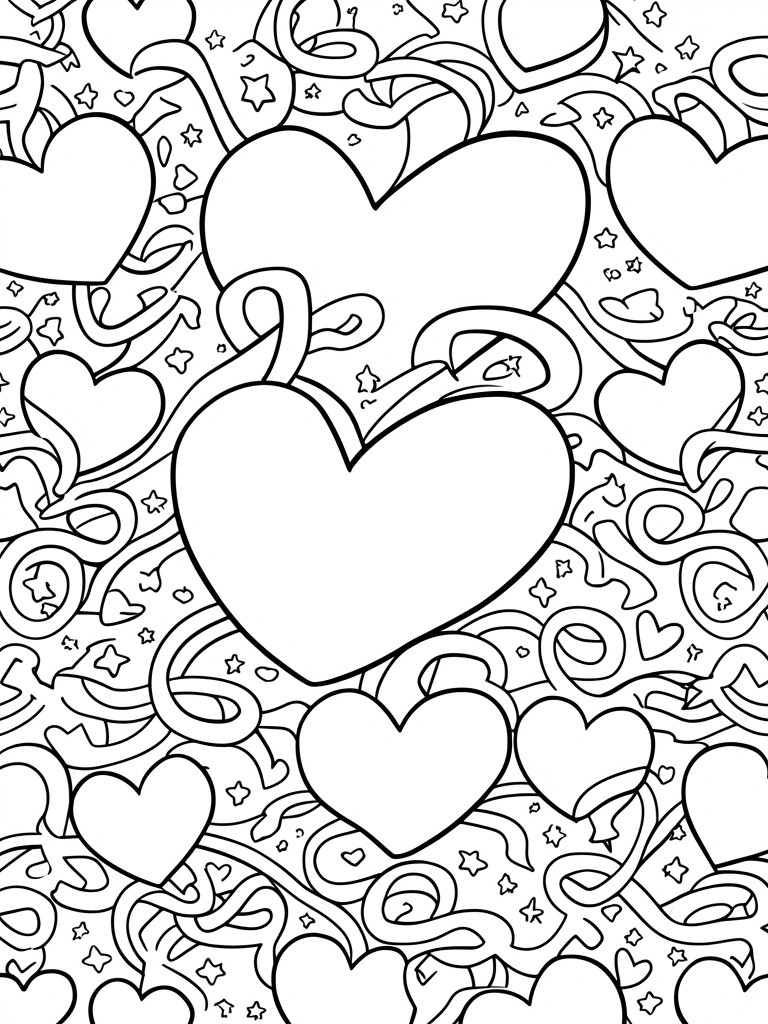 A black and white coloring page filled with hearts of different sizes, ribbons, and stars in an overlapping pattern.