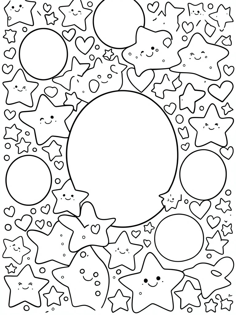 Coloring page with smiling stars, hearts, and circles in black outlines.