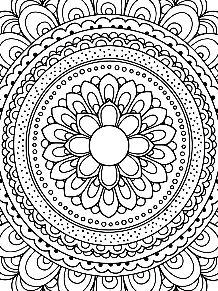 Intricate black-and-white mandala with floral center and layered circular patterns.