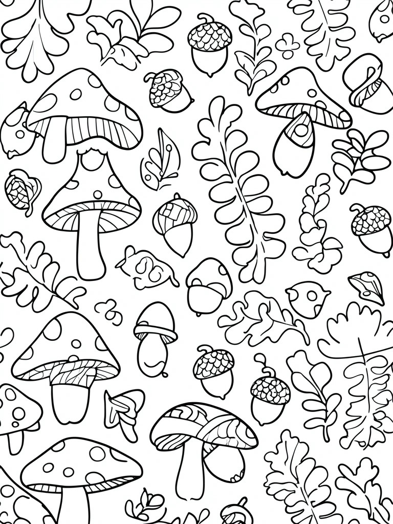 Coloring page with spotted mushrooms, acorns, and oak leaves in black outlines
