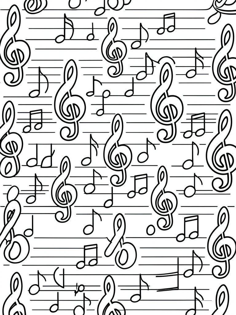A black and white coloring page filled with treble clefs and musical notes on staff lines.