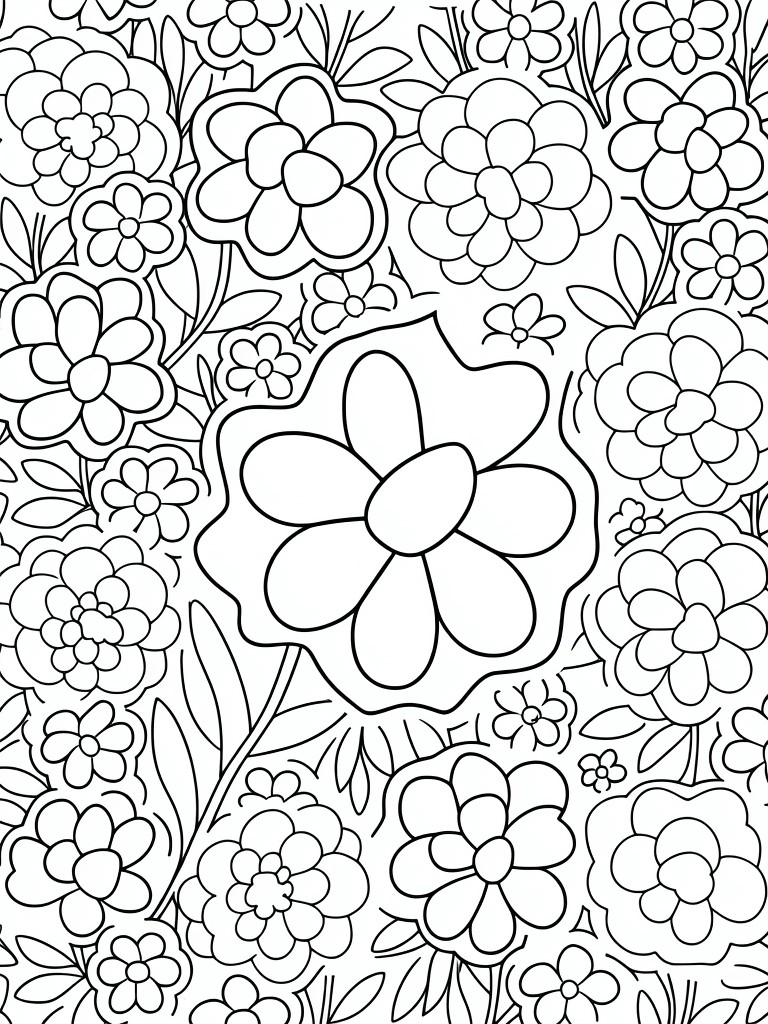 A black and white coloring page filled with many overlapping flowers and leaves in various sizes.