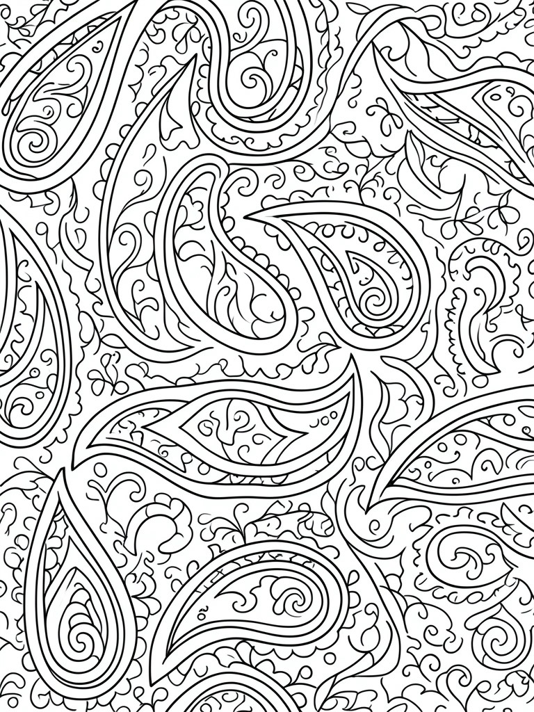 A black and white coloring page covered in overlapping paisley shapes with internal swirls and line details.