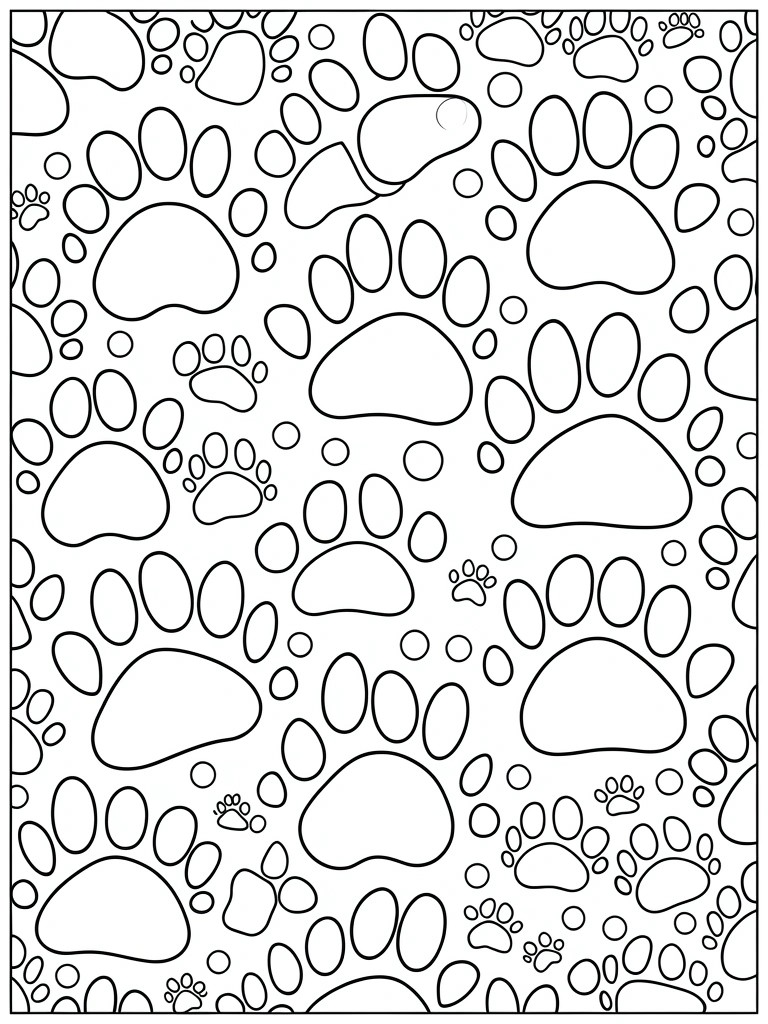 A black and white coloring page covered in many paw prints of different sizes scattered across the page.