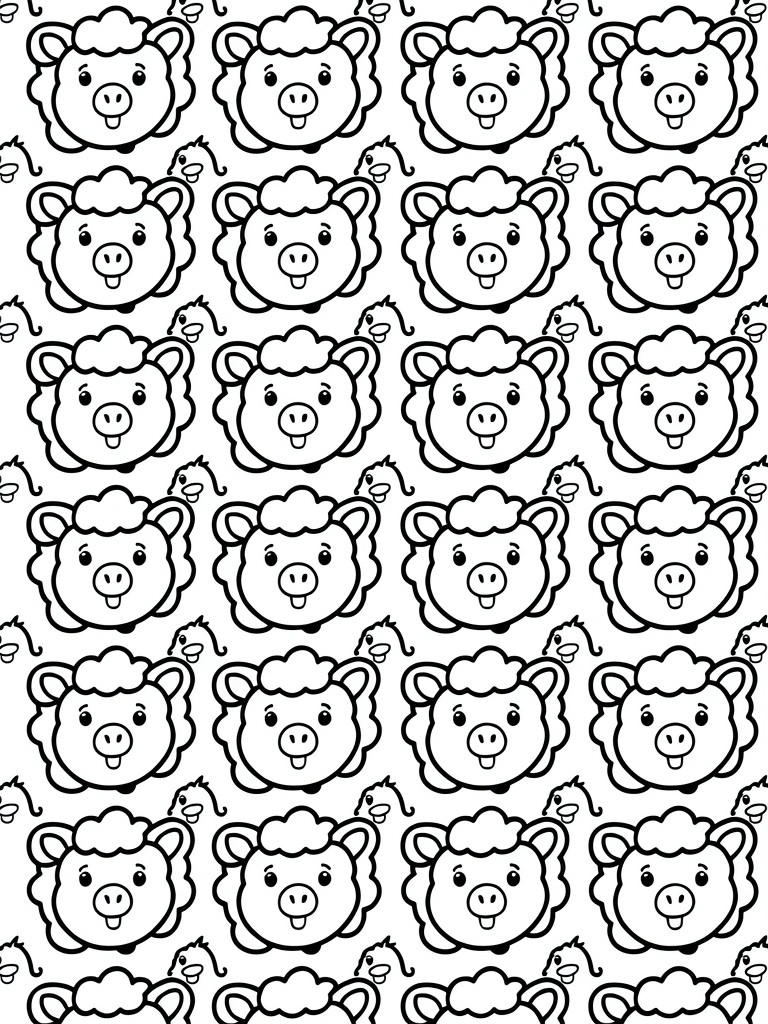 Coloring page with rows of identical cartoon pig faces in black and white line art.
