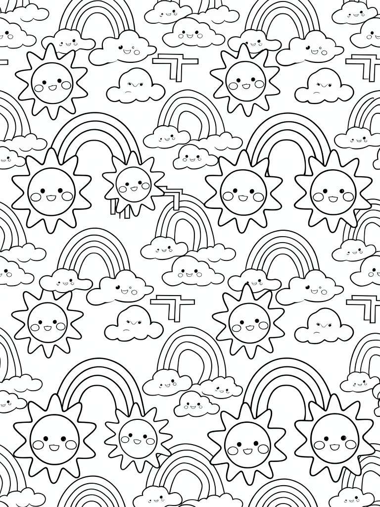 Seamless black and white pattern of cute suns, clouds, and rainbows