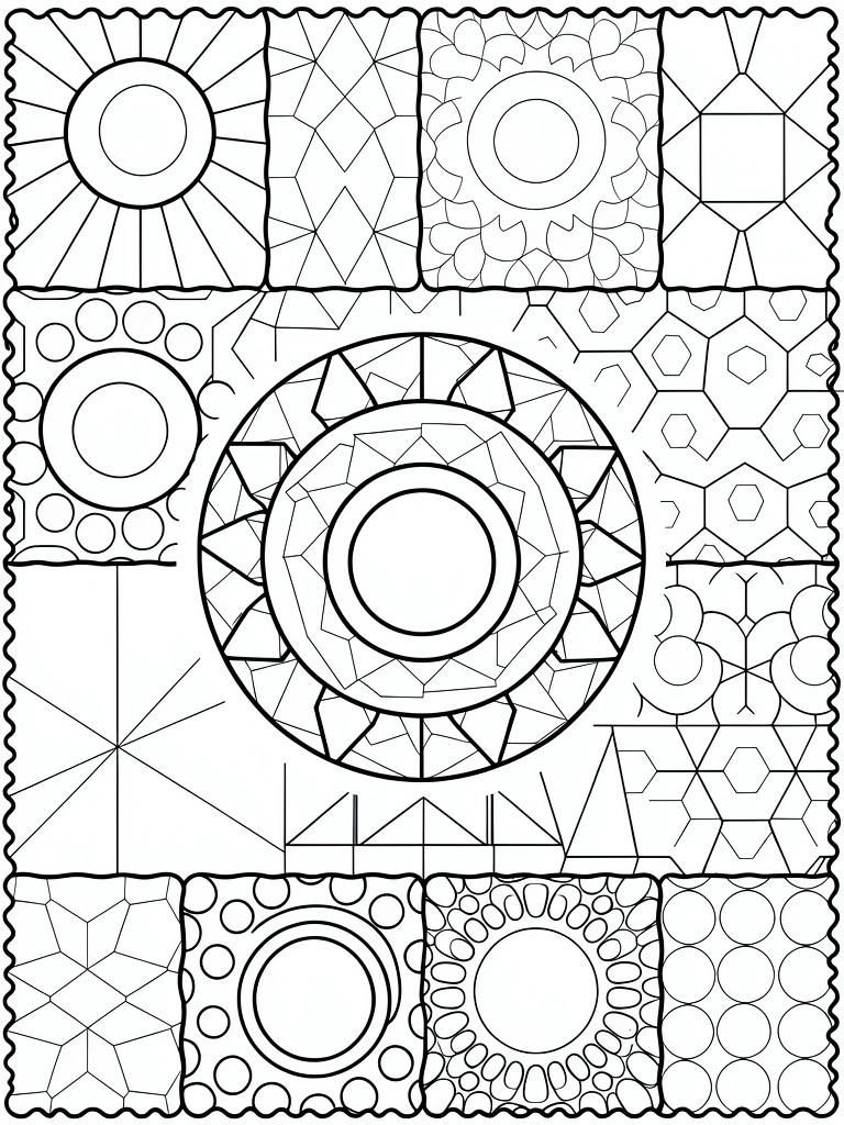 Intricate black-and-white coloring sheet with geometric patterns and circular motifs.