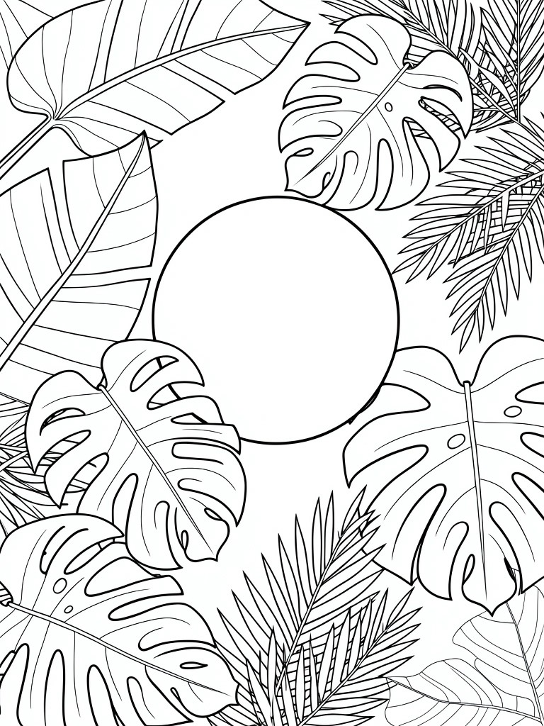 A black and white line drawing of tropical leaves arranged in a circle around a large empty center circle.