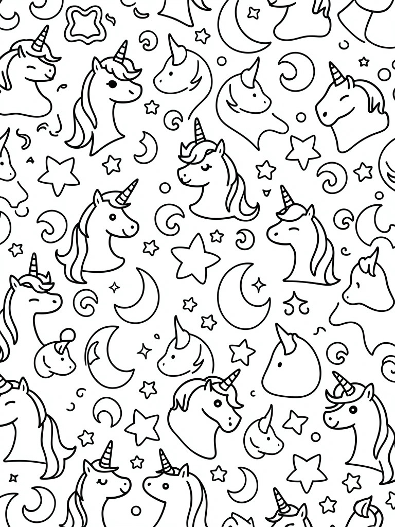 Coloring page featuring unicorn heads, stars, moons, and swirls in black outlines.