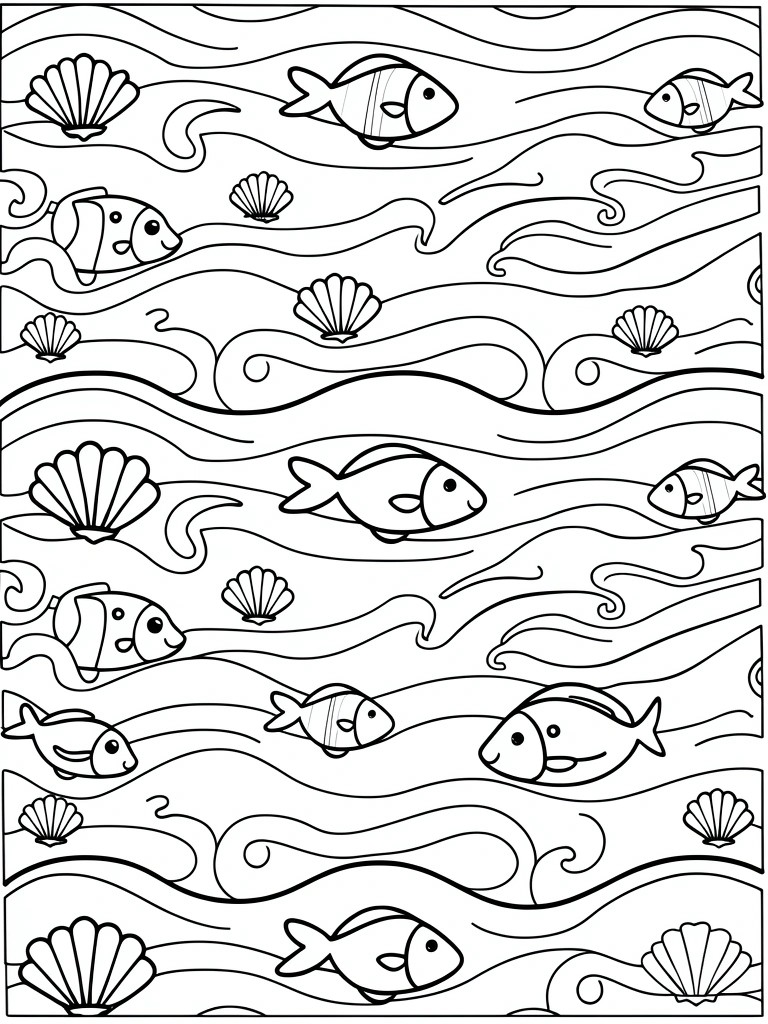 A black and white line drawing showing multiple fish and seashells scattered among horizontal wavy lines.