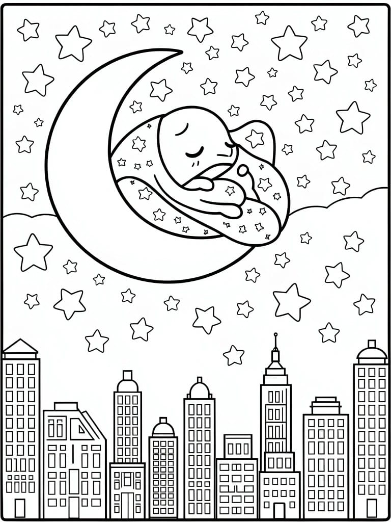 Sleeping baby on crescent moon with stars above city skyline coloring page