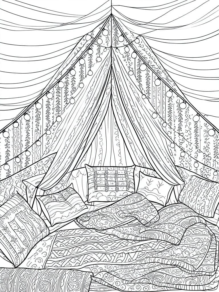 A black and white line drawing of a bed with pillows and patterned blankets under a draped canopy with hanging round decorations and vines.