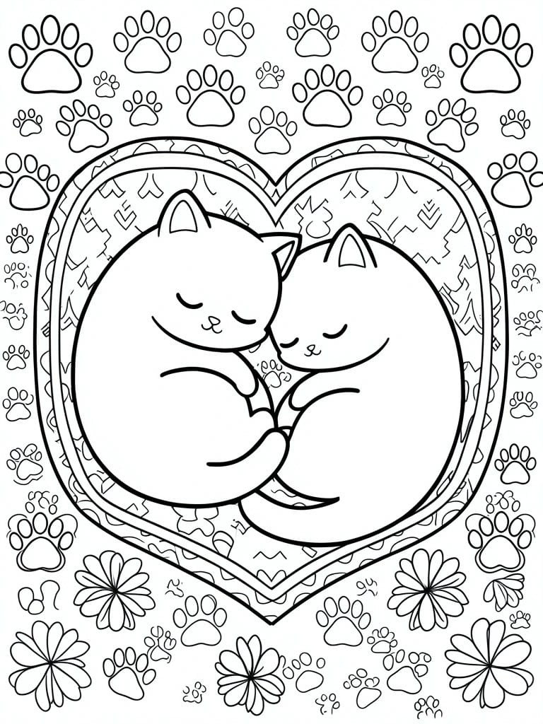 Two cats cuddling in a heart amid paw prints and flowers line art