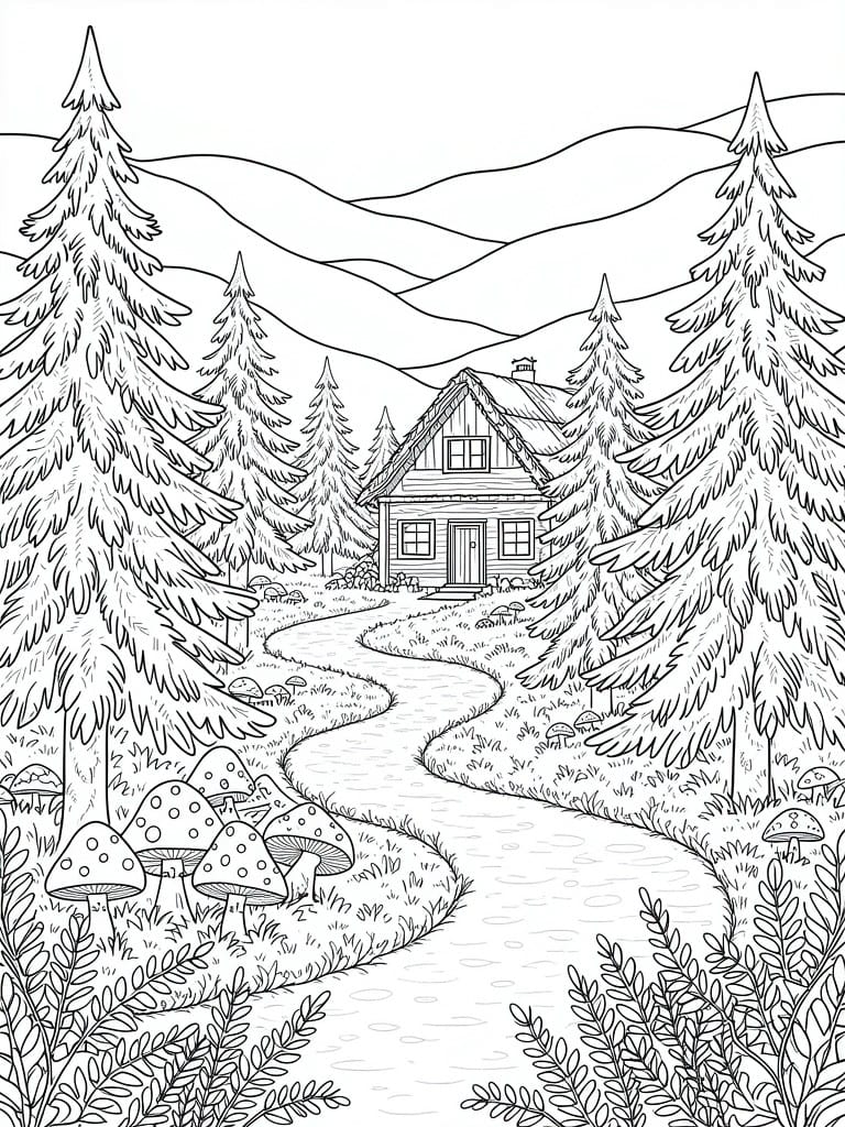 A black and white line drawing of a cabin in the woods with pine trees, a winding path, mushrooms, and mountains in the background.