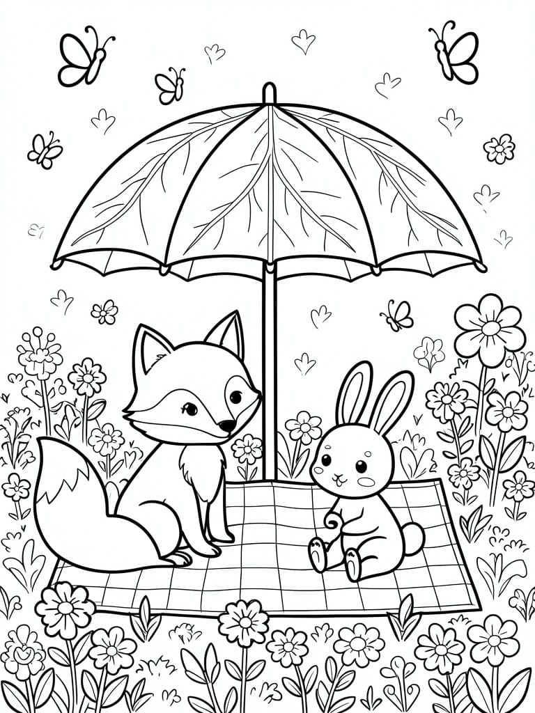 Line drawing of fox and rabbit on picnic blanket under leaf umbrella with flowers and butterflies