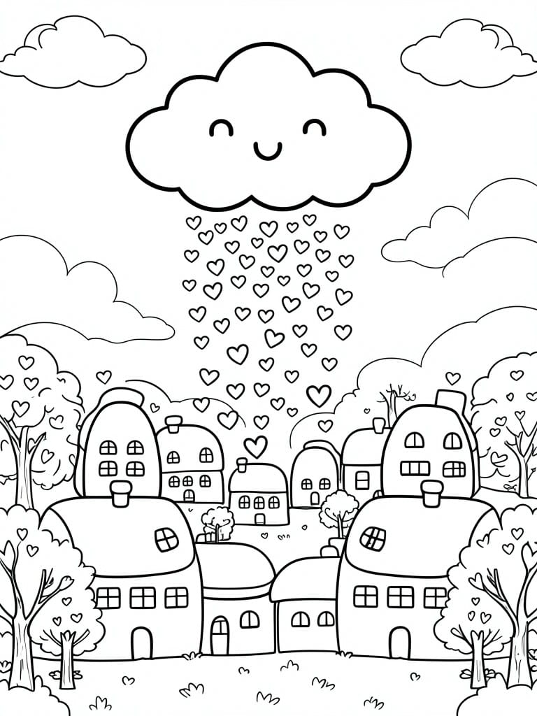 A black and white line drawing of cute houses and trees under a smiling cloud that rains hearts.