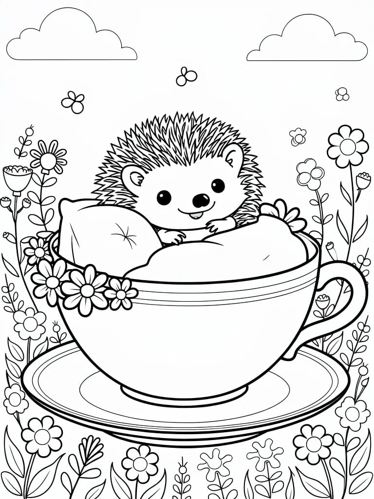 A black and white coloring page shows a hedgehog inside a large teacup with flowers, a pillow, and a saucer, plus clouds and plants around it.