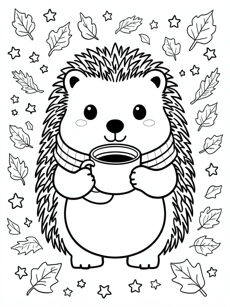Cartoon hedgehog in scarf holds mug amid floating leaves and stars line art