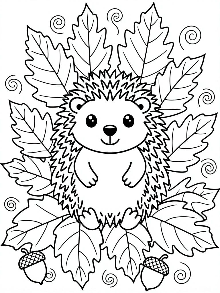 Cartoon hedgehog amid oak leaves and acorns in black-and-white line art.