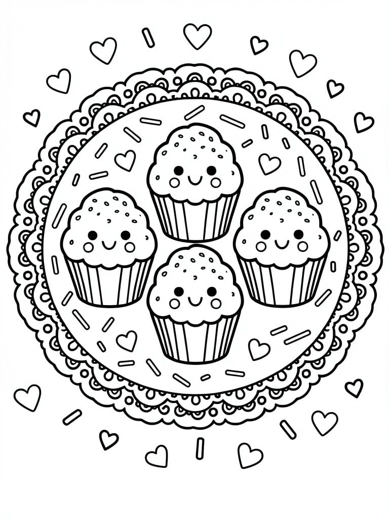 Four smiling cupcakes with faces on ornate plate amid hearts and sprinkles