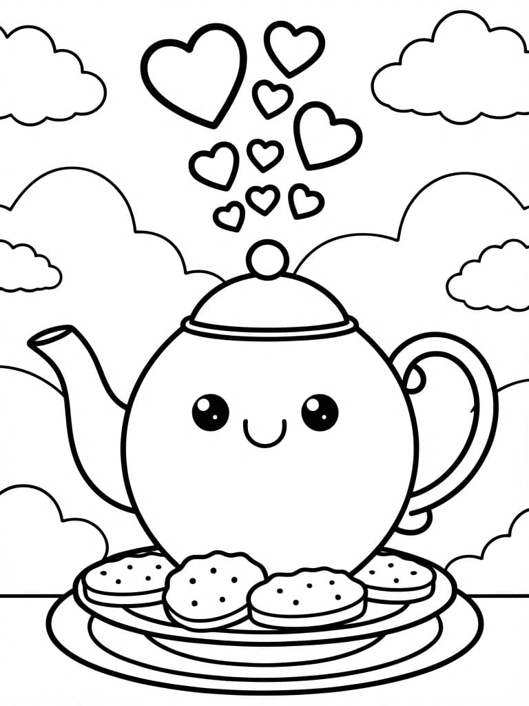 A black and white coloring page shows a cute teapot with a face on a tray of cookies, hearts above, and clouds around the edges.
