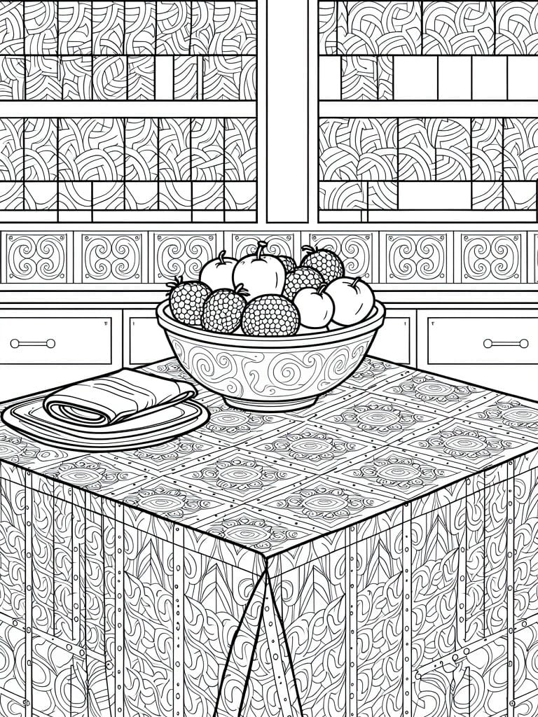 Coloring page of fruit bowl on patterned kitchen table with drawers and tiles