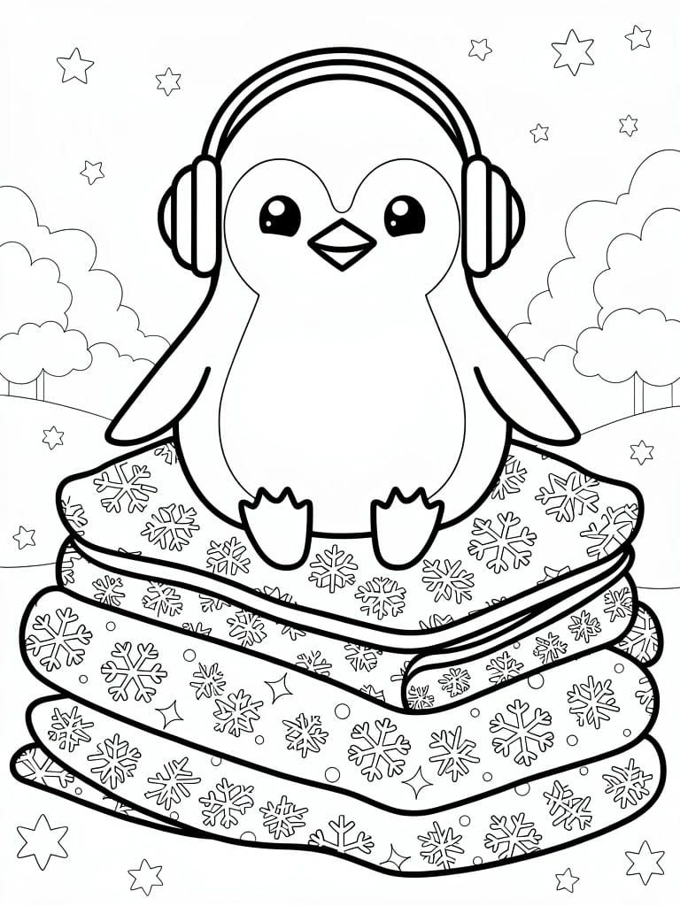 Cartoon penguin with headphones on stacked snowflake tubes under starry sky line art