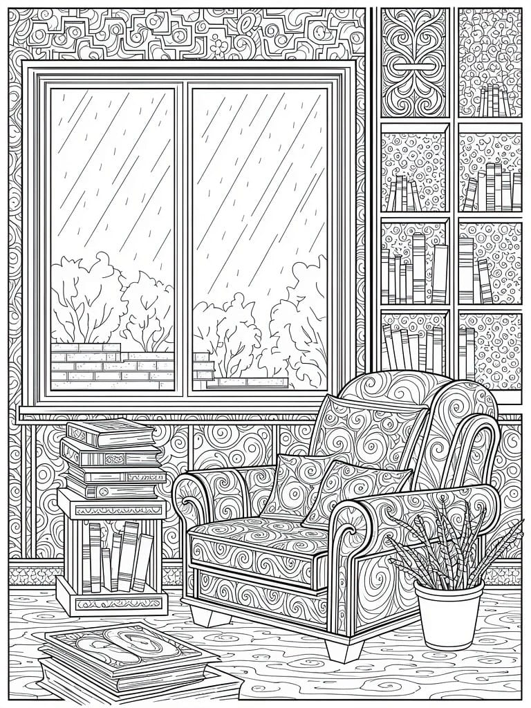 Line art of a cozy armchair by a rainy window amid books and patterns.