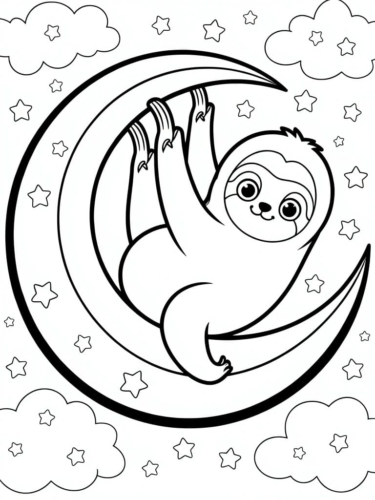 Coloring page of cute sloth hanging from crescent moon with stars and clouds
