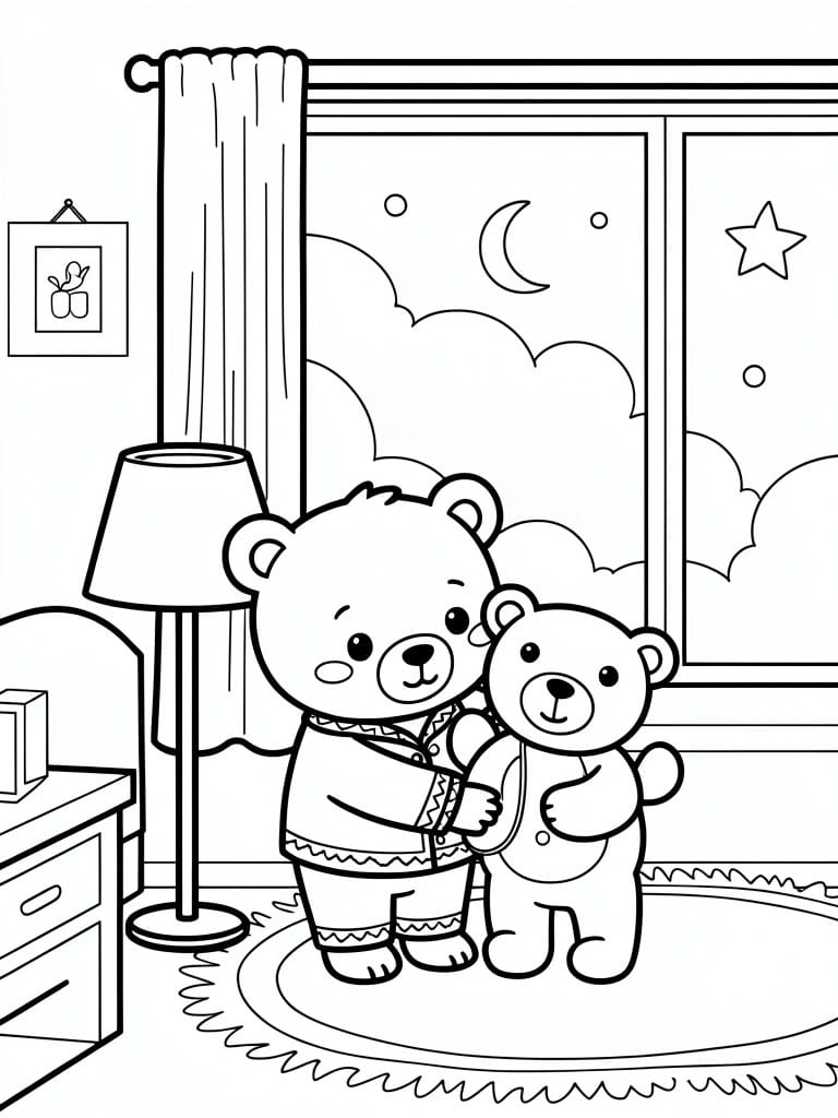 Two teddy bears in pajamas hugging in a moonlit bedroom by a window