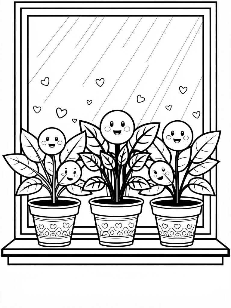 Three smiling potted plants with faces sit on a windowsill in front of a window showing rain lines and hearts.