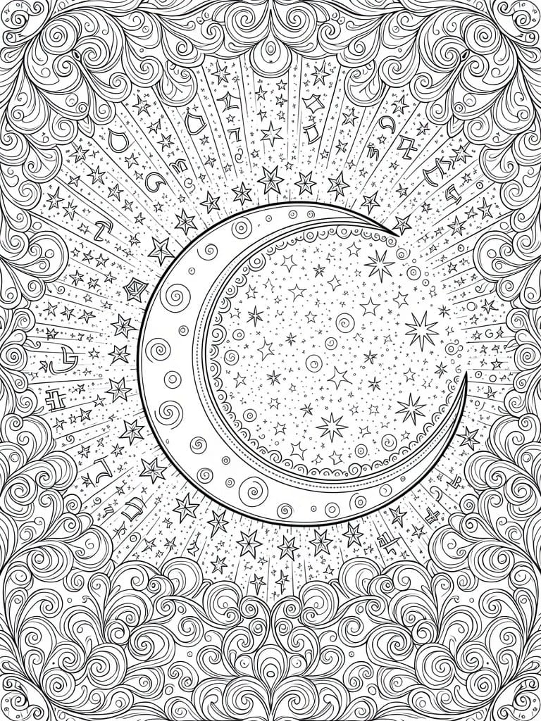Intricate coloring page of crescent moon with stars and swirling patterns