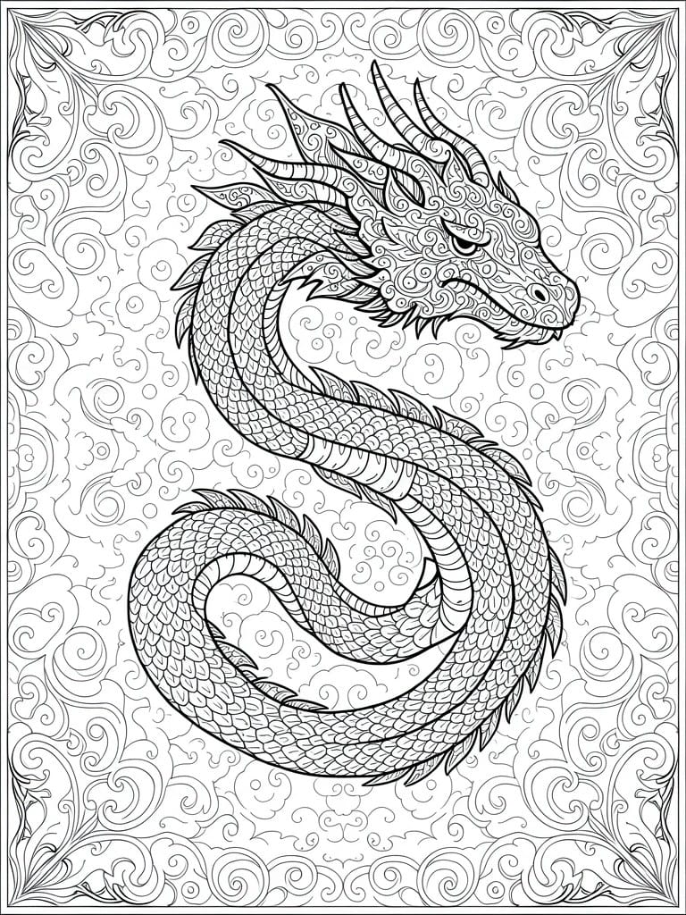 Ornate black-and-white line art of a coiled dragon amid swirling clouds and patterns