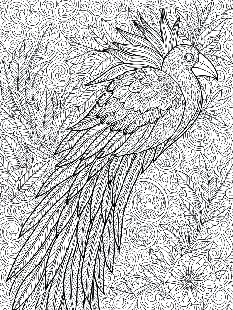 Intricate black-and-white line art of an ornate bird amid leaves and swirls