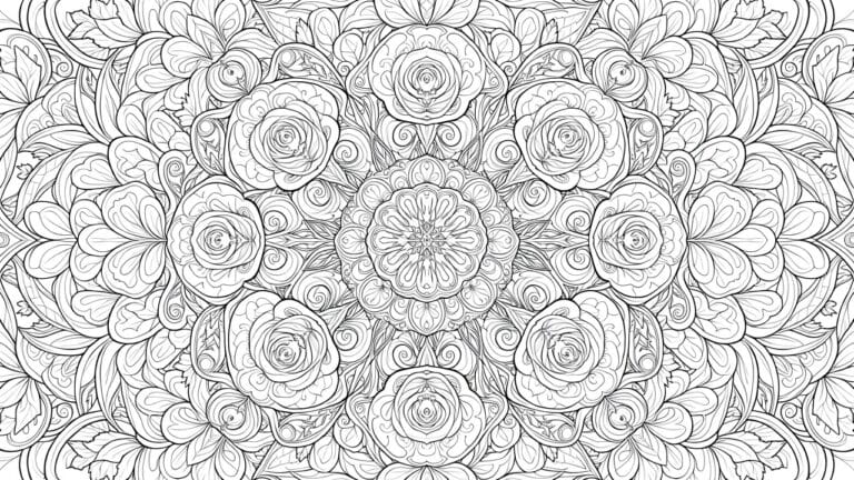 A black and white line drawing of a circular mandala filled with roses, leaves, and swirling patterns.
