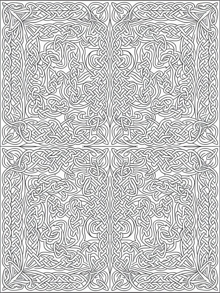 A black and white coloring page divided into four rectangular panels, each filled with dense Celtic knot patterns.