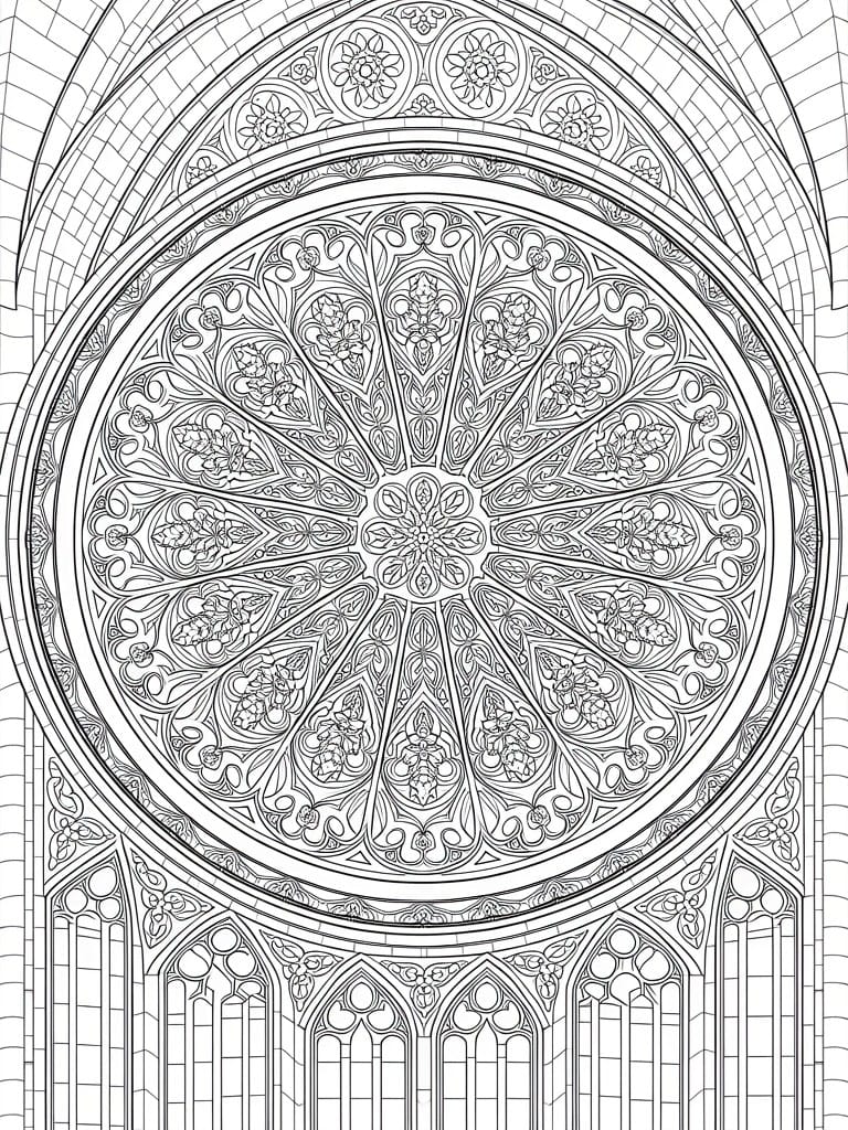 A black and white line drawing of an intricate circular Gothic rose window filled with floral patterns and pointed arches at the bottom.